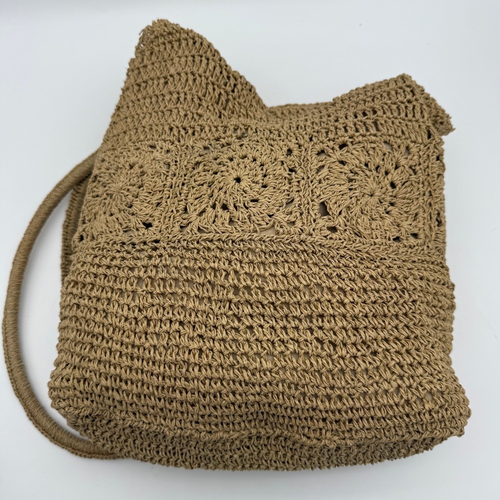Boho Woven Straw Shoulder Bag Tan Crochet Floral Pattern Summer Beach Bag